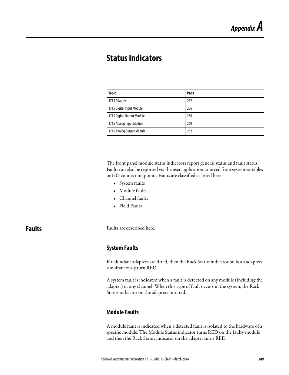 A- status indicators, Faults, System faults | Module faults, Status indicators, Appendix | Rockwell Automation 1715-OF8I Redundant I/O System User Manual User Manual | Page 249 / 324