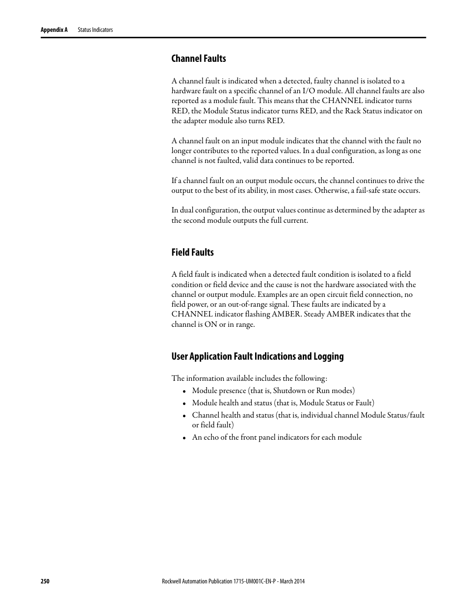 Channel faults, Field faults, User application fault indications and logging | Rockwell Automation 1715-OF8I Redundant I/O System User Manual User Manual | Page 250 / 324