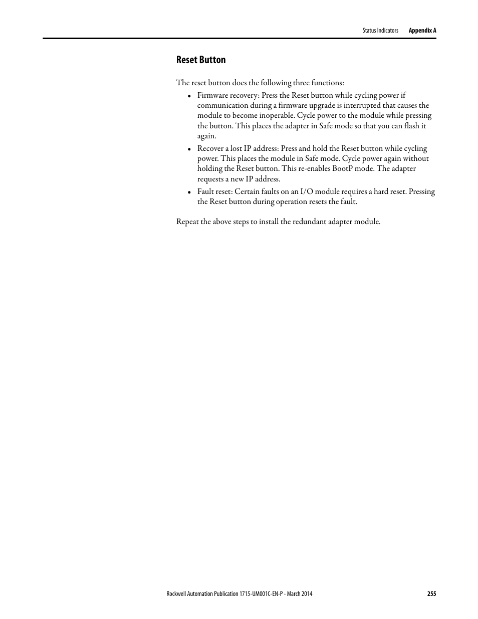 Reset button, Reset button on | Rockwell Automation 1715-OF8I Redundant I/O System User Manual User Manual | Page 255 / 324