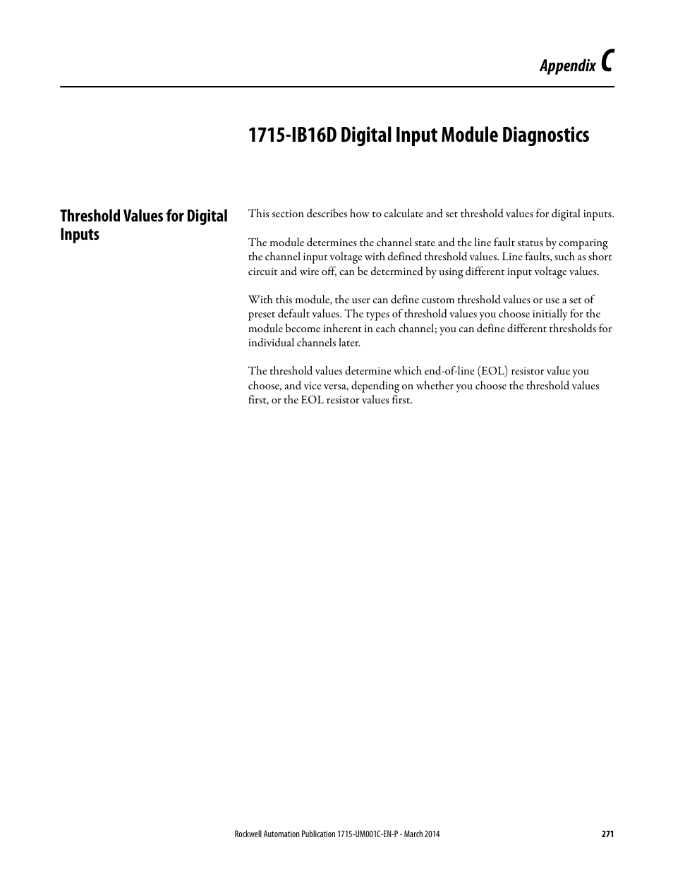 C - 1715-ib16d digital input module diagnostics, Threshold values for digital inputs, Threshold values for digital | Appendix | Rockwell Automation 1715-OF8I Redundant I/O System User Manual User Manual | Page 271 / 324