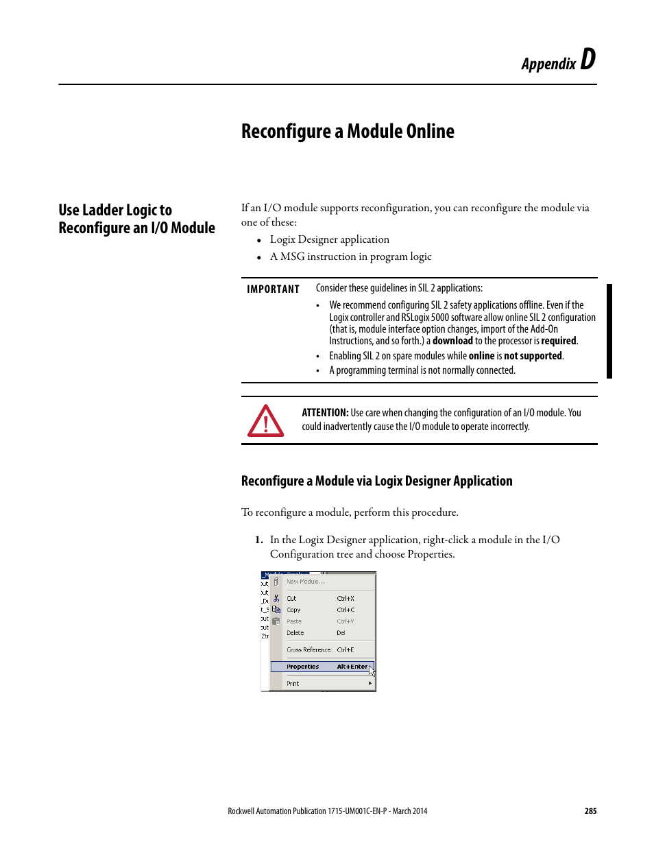 D - reconfigure a module online, Use ladder logic to reconfigure an i/o module, Reconfigure a module online | Appendix | Rockwell Automation 1715-OF8I Redundant I/O System User Manual User Manual | Page 285 / 324
