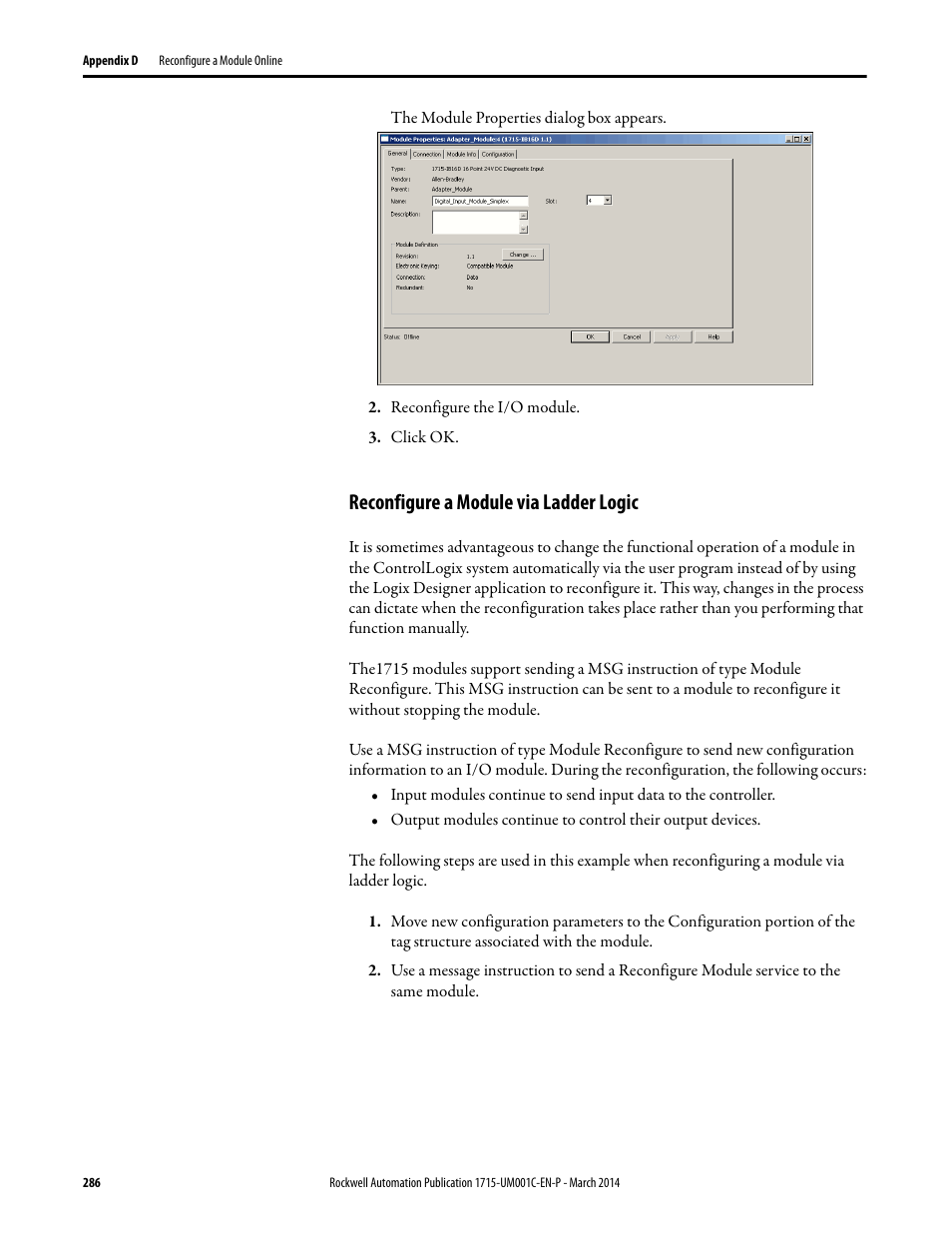 Reconfigure a module via ladder logic | Rockwell Automation 1715-OF8I Redundant I/O System User Manual User Manual | Page 286 / 324