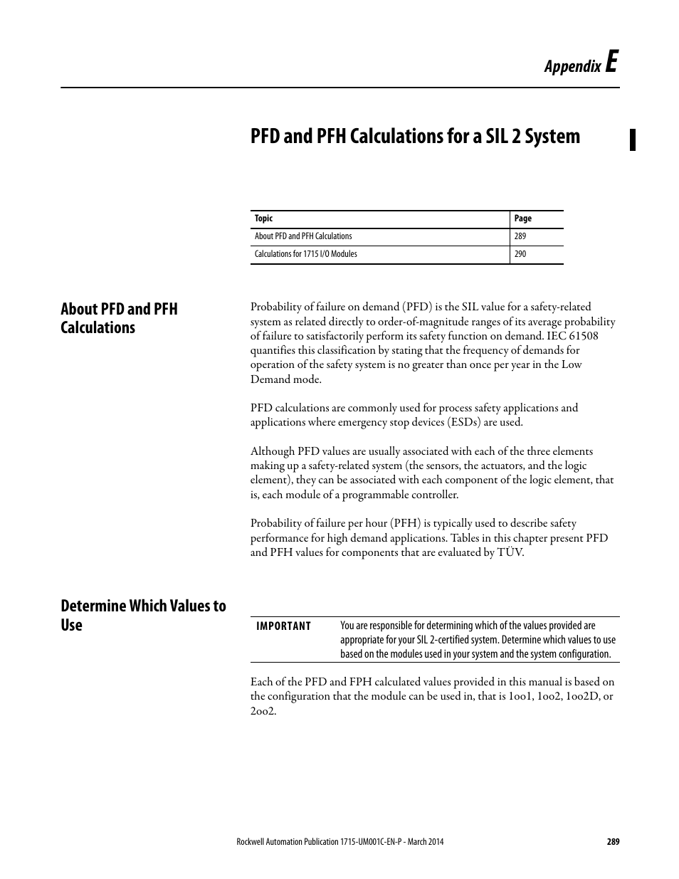 E - pfd and pfh calculations for a sil 2 system, About pfd and pfh calculations, Determine which values to use | Appendix, Pfd and pfh calculations for a sil 2 system | Rockwell Automation 1715-OF8I Redundant I/O System User Manual User Manual | Page 289 / 324