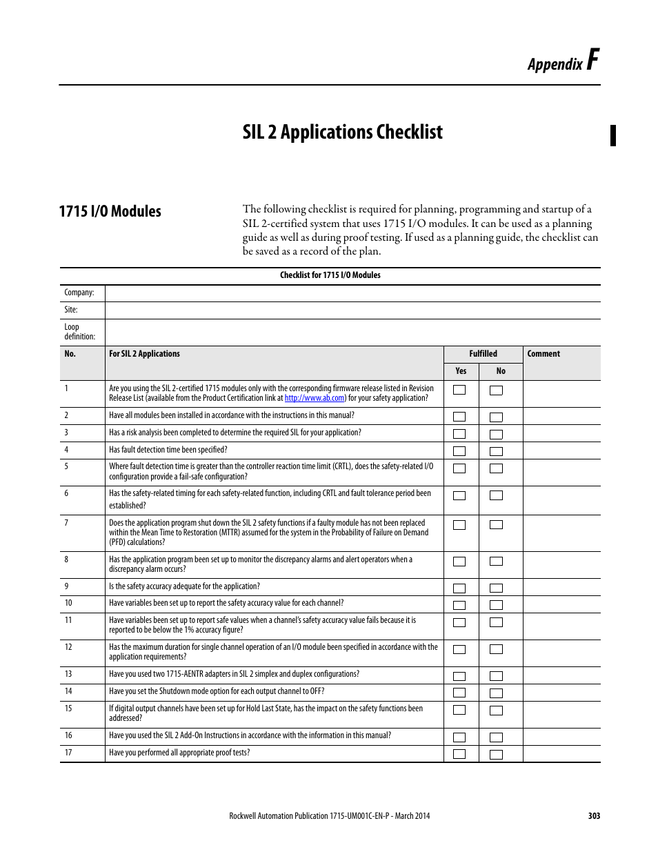 F - sil 2 applications checklist, 1715 i/o modules, Sil 2 applications checklist | Appendix | Rockwell Automation 1715-OF8I Redundant I/O System User Manual User Manual | Page 303 / 324