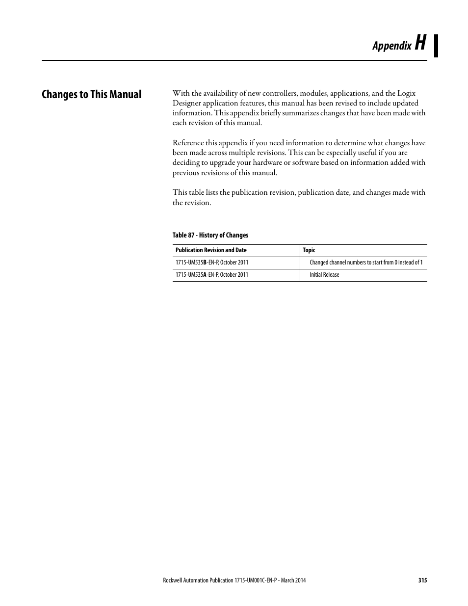 H - changes to this manual, Appendix, Changes to this manual | Rockwell Automation 1715-OF8I Redundant I/O System User Manual User Manual | Page 315 / 324