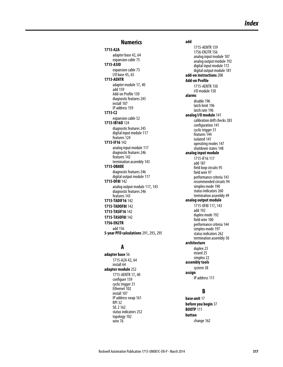 Index, Numerics | Rockwell Automation 1715-OF8I Redundant I/O System User Manual User Manual | Page 317 / 324