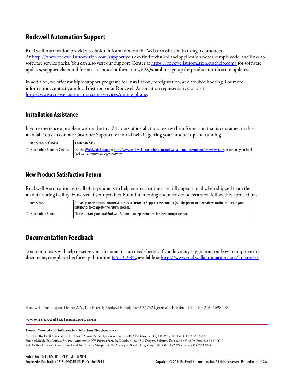 Back cover, Rockwell automation support, Documentation feedback | Installation assistance, New product satisfaction return | Rockwell Automation 1715-OF8I Redundant I/O System User Manual User Manual | Page 324 / 324