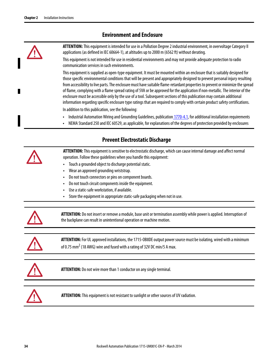 Environment and enclosure, Prevent electrostatic discharge | Rockwell Automation 1715-OF8I Redundant I/O System User Manual User Manual | Page 34 / 324