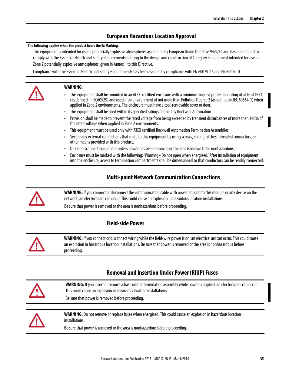 European hazardous location approval, Multi-point network communication connections, Field-side power | Removal and insertion under power (riup) fuses | Rockwell Automation 1715-OF8I Redundant I/O System User Manual User Manual | Page 35 / 324