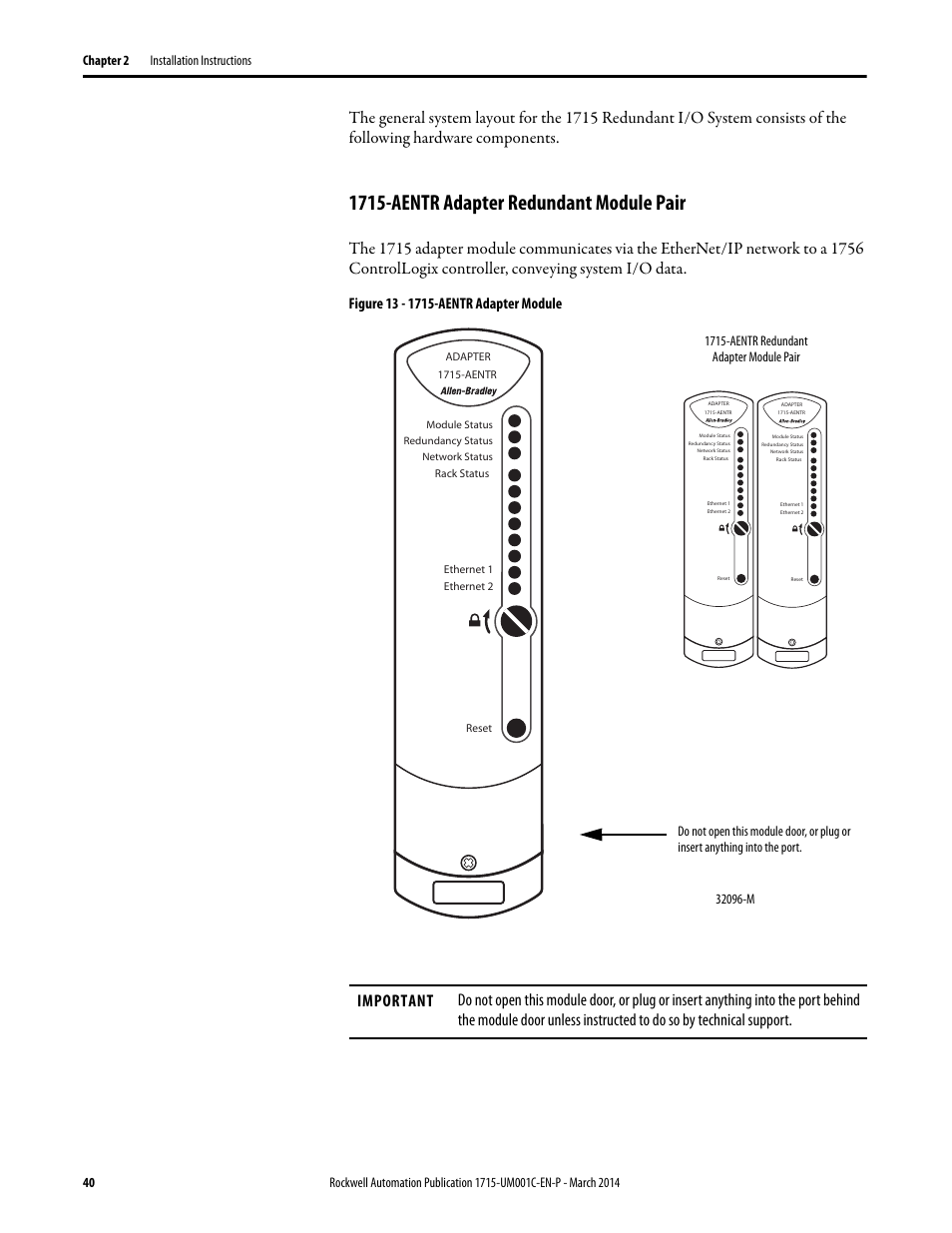 1715-aentr adapter redundant module pair, 1715-aentr redundant adapter module pair | Rockwell Automation 1715-OF8I Redundant I/O System User Manual User Manual | Page 40 / 324