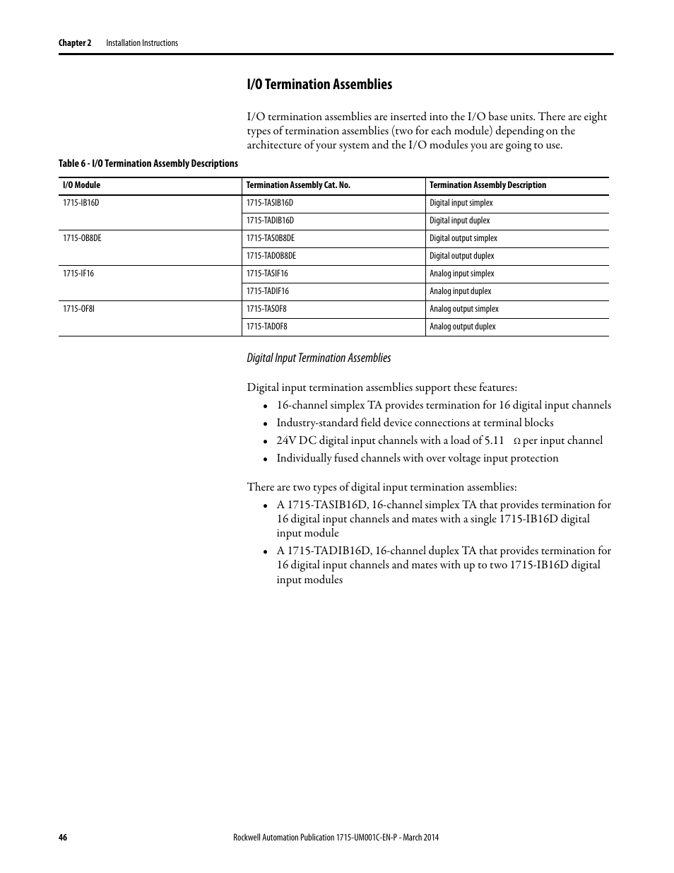 I/o termination assemblies | Rockwell Automation 1715-OF8I Redundant I/O System User Manual User Manual | Page 46 / 324