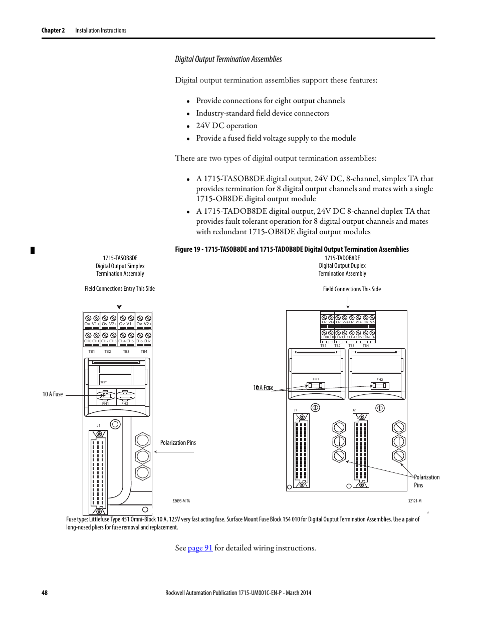 Digital output termination assemblies, See page 91 for detailed wiring instructions | Rockwell Automation 1715-OF8I Redundant I/O System User Manual User Manual | Page 48 / 324