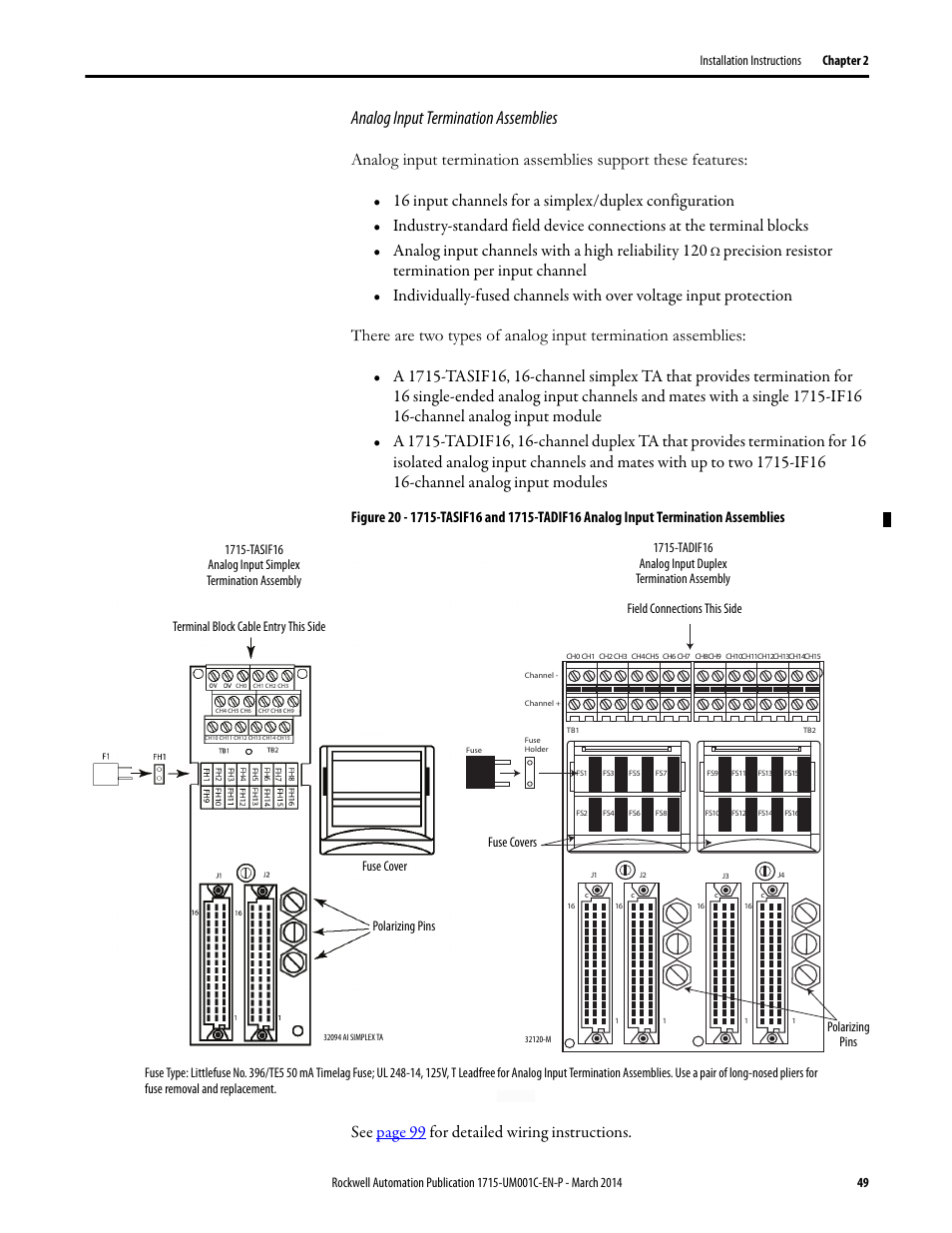 Analog input termination assemblies, See page 99 for detailed wiring instructions | Rockwell Automation 1715-OF8I Redundant I/O System User Manual User Manual | Page 49 / 324