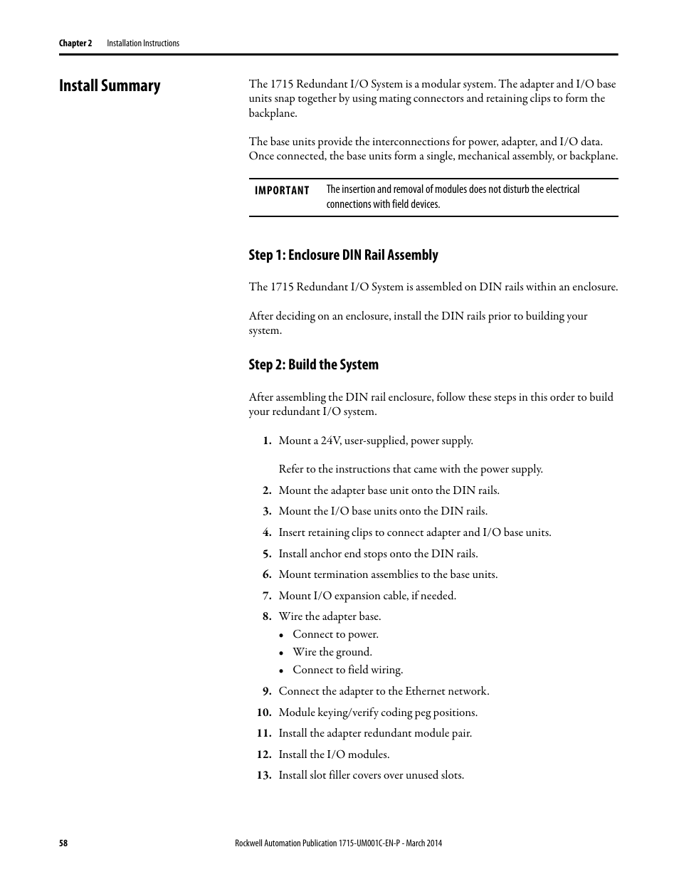 Install summary, Step 1: enclosure din rail assembly, Step 2: build the system | Rockwell Automation 1715-OF8I Redundant I/O System User Manual User Manual | Page 58 / 324