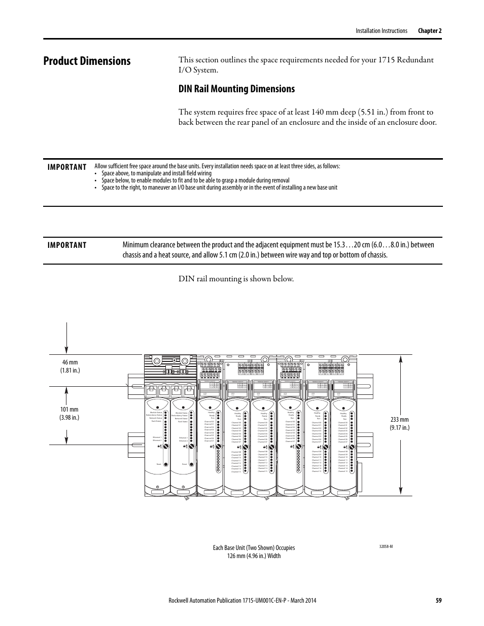 Product dimensions, Din rail mounting dimensions | Rockwell Automation 1715-OF8I Redundant I/O System User Manual User Manual | Page 59 / 324