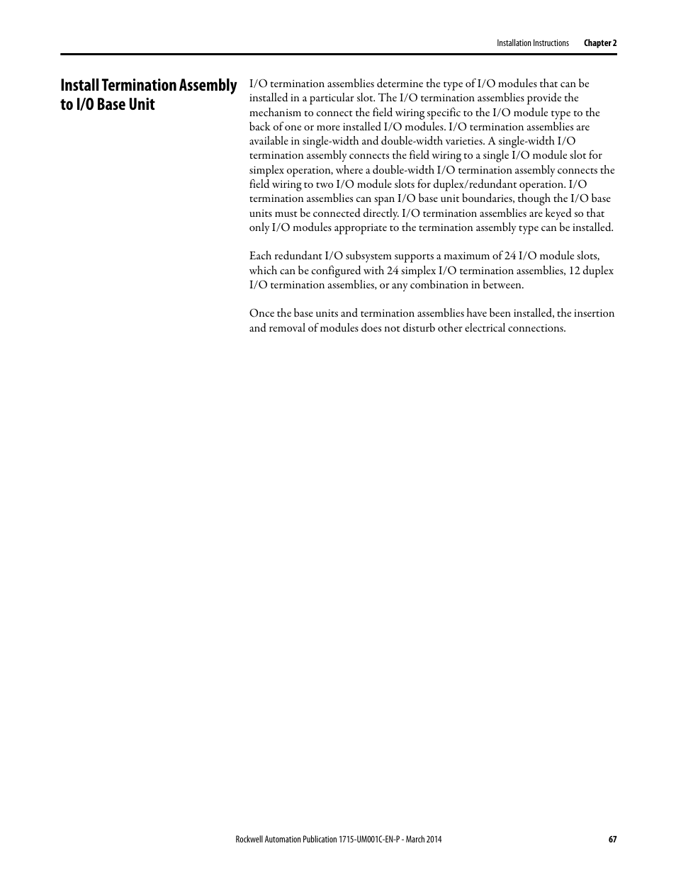 Install termination assembly to i/o base unit | Rockwell Automation 1715-OF8I Redundant I/O System User Manual User Manual | Page 67 / 324