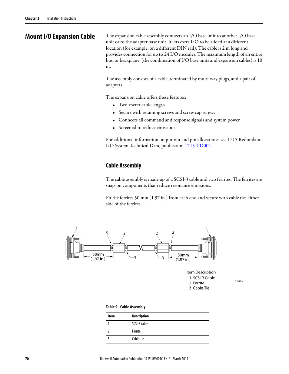 Mount i/o expansion cable, Cable assembly | Rockwell Automation 1715-OF8I Redundant I/O System User Manual User Manual | Page 70 / 324