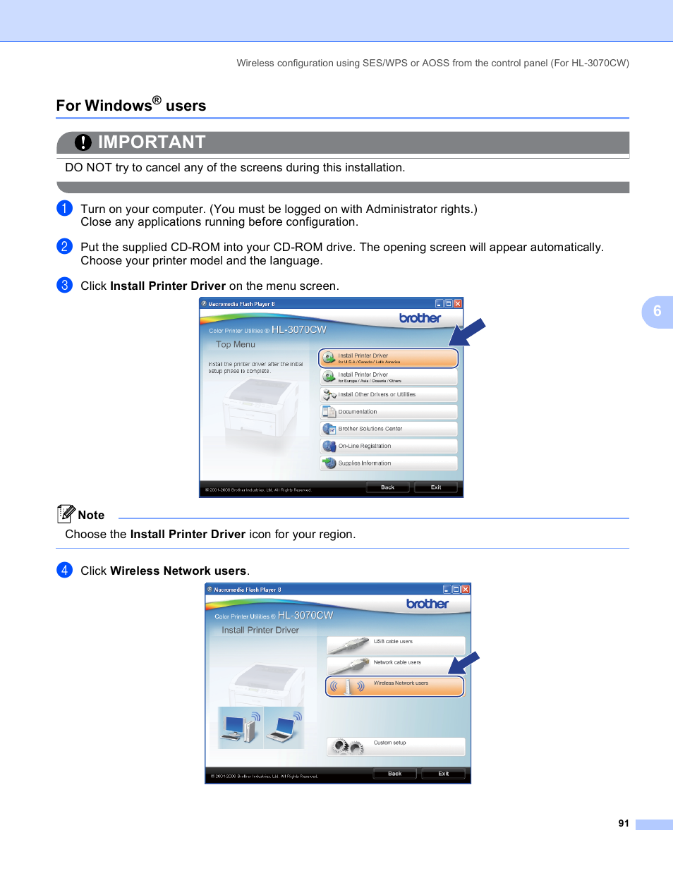 For windows® users, For windows, Users | Important, 6for windows | Brother HL 3070CW User Manual | Page 101 / 211