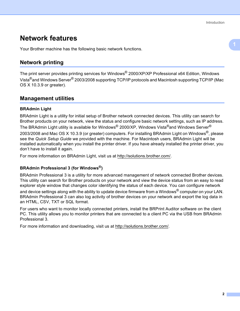 Network features, Network printing, Management utilities | Network printing management utilities | Brother HL 3070CW User Manual | Page 12 / 211
