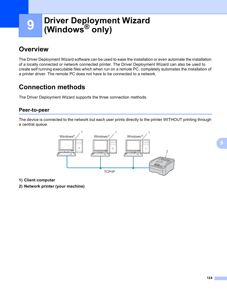 9 driver deployment wizard (windows® only), Overview, Connection methods | Peer-to-peer, Driver deployment wizard (windows, Only), Overview connection methods | Brother HL 3070CW User Manual | Page 134 / 211