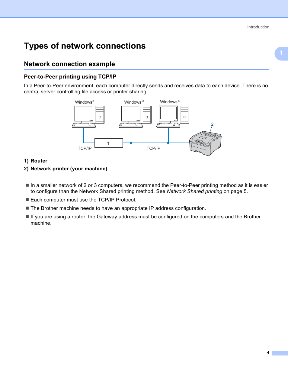 Types of network connections, Network connection example, Peer-to-peer printing using tcp/ip | Brother HL 3070CW User Manual | Page 14 / 211