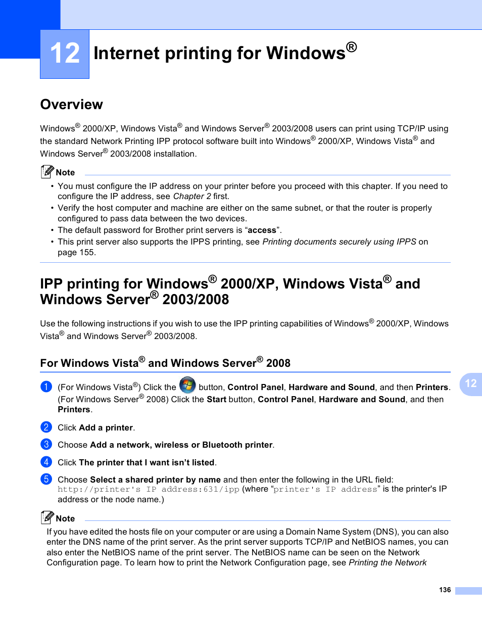 12 internet printing for windows, Overview, For windows vista® and windows server® 2008 | Internet printing for windows, Overview ipp printing for windows, 2000/xp, windows vista, And windows server, For windows vista, Ipp printing for windows | Brother HL 3070CW User Manual | Page 146 / 211