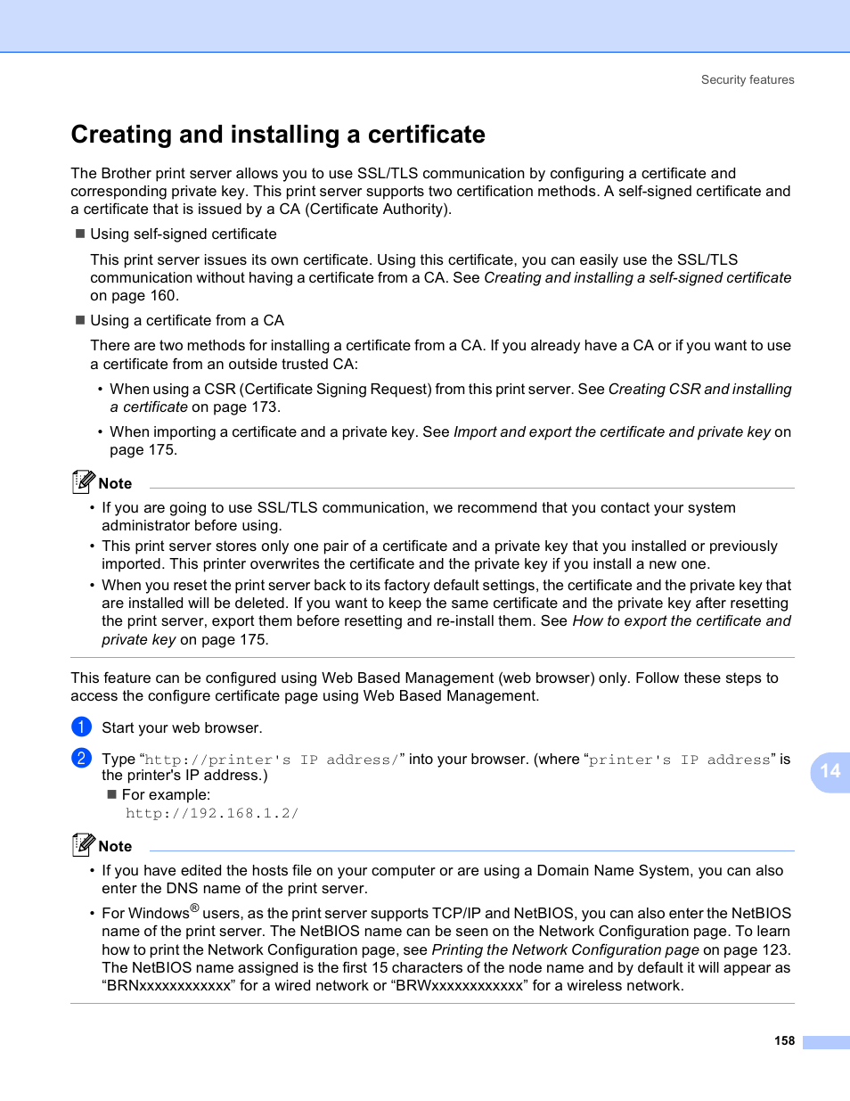 Creating and installing a certificate | Brother HL 3070CW User Manual | Page 168 / 211