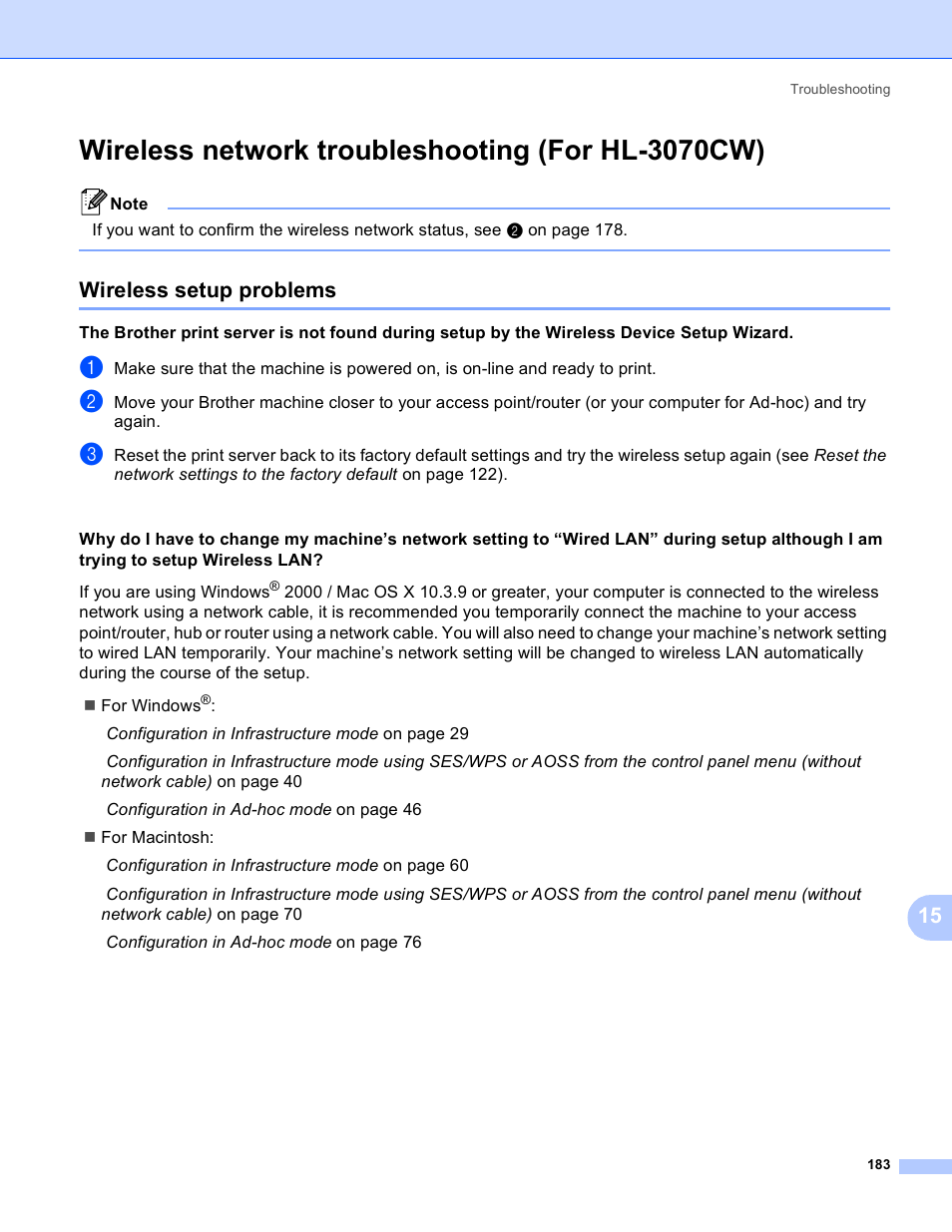 Wireless network troubleshooting (for hl-3070cw), Wireless setup problems | Brother HL 3070CW User Manual | Page 193 / 211