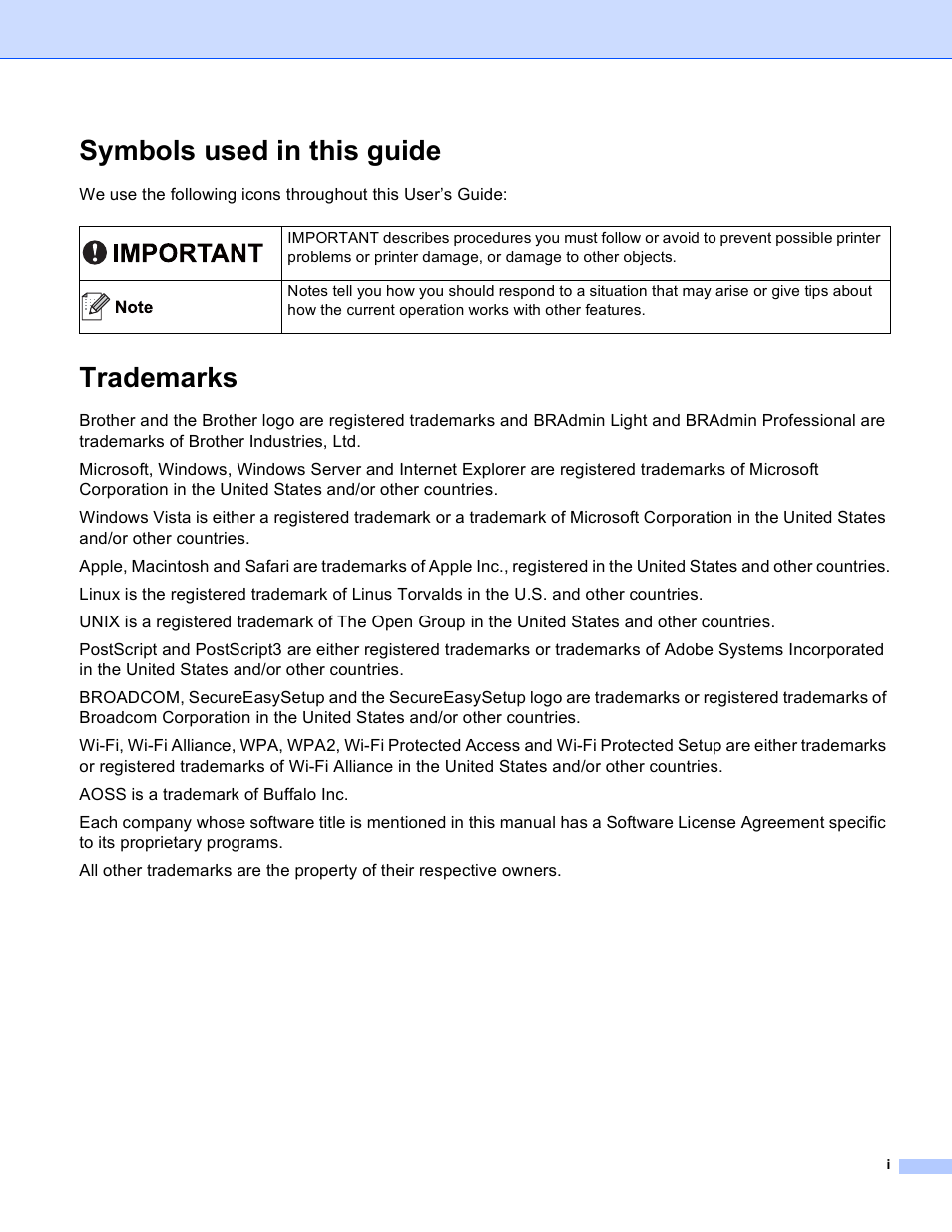 Symbols used in this guide, Trademarks | Brother HL 3070CW User Manual | Page 2 / 211