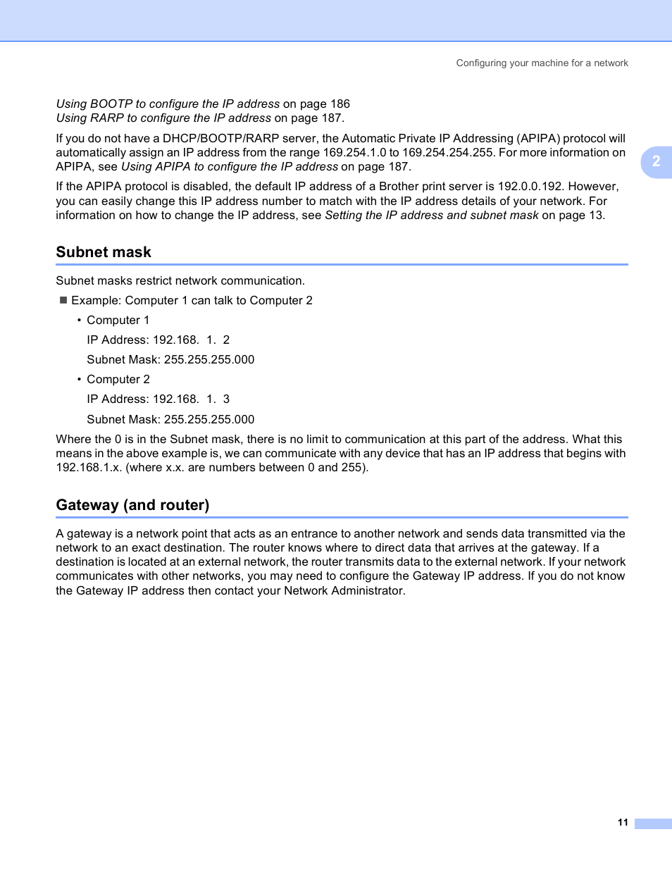 Subnet mask, Gateway (and router), Subnet mask gateway (and router) | Brother HL 3070CW User Manual | Page 21 / 211