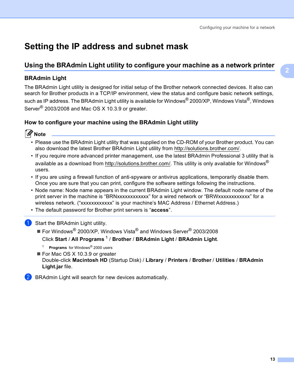 Setting the ip address and subnet mask, Bradmin light | Brother HL 3070CW User Manual | Page 23 / 211