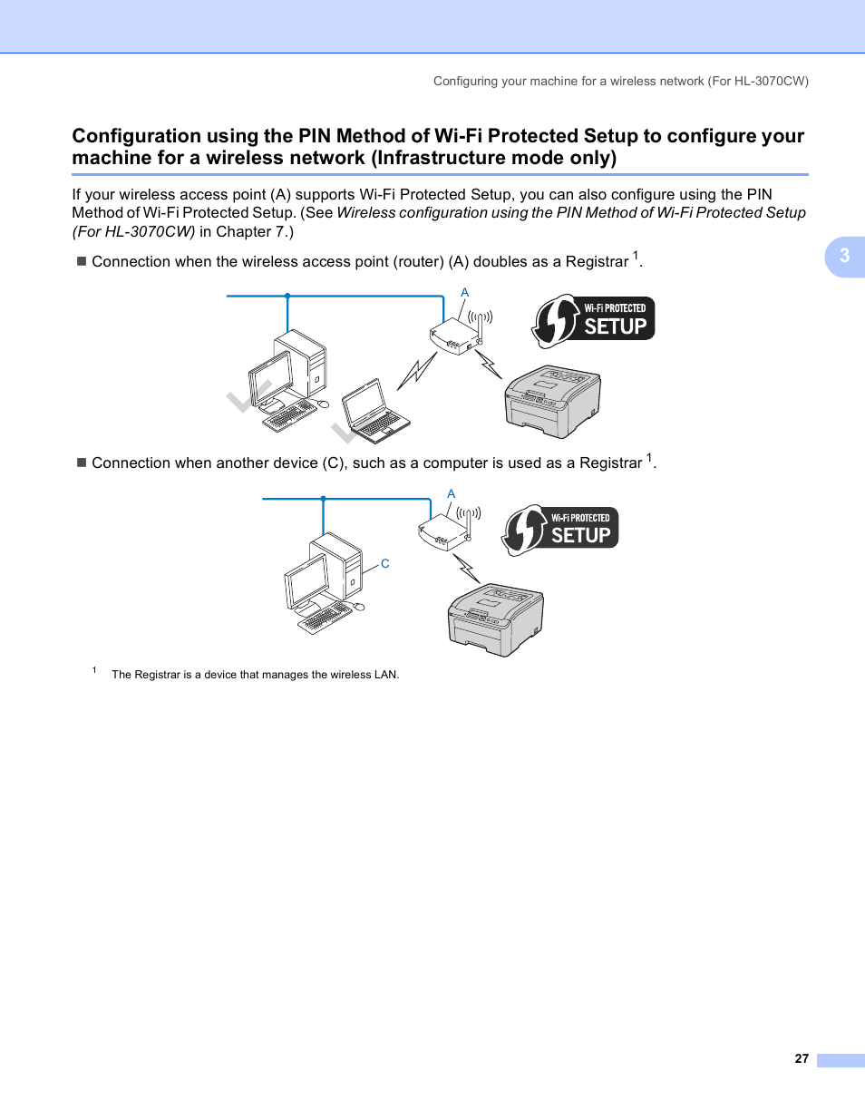 For a wireless network (infrastructure mode only) | Brother HL 3070CW User Manual | Page 37 / 211