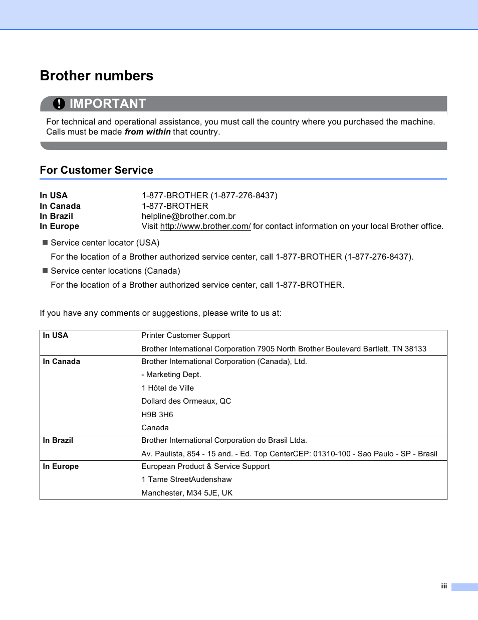 Brother numbers, Important, For customer service | Brother HL 3070CW User Manual | Page 4 / 211