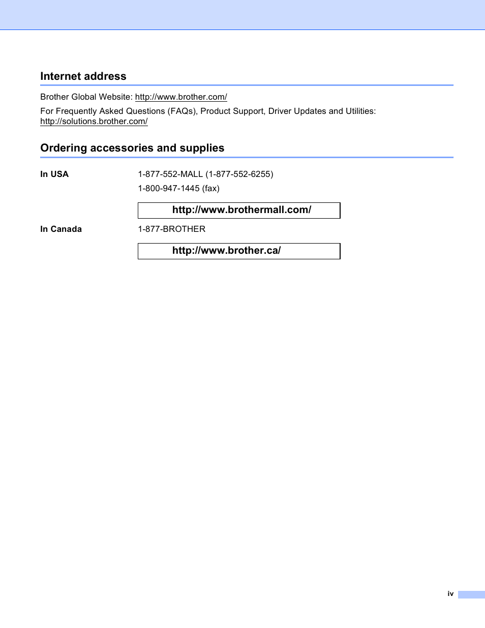 Internet address, Ordering accessories and supplies | Brother HL 3070CW User Manual | Page 5 / 211
