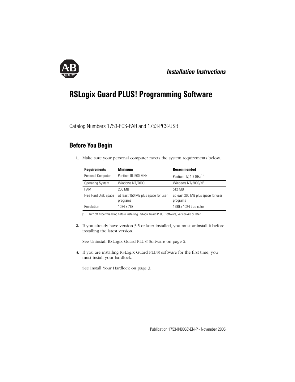 Rockwell Automation 1753-PCS-USB RSLogix Guard PLUS Programming Software User Manual | 8 pages