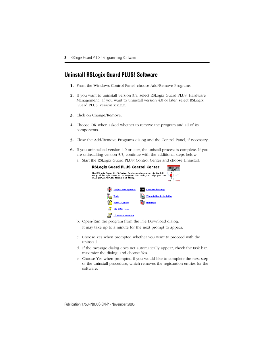 Uninstall rslogix guard plus! software, Uninstall rslogix guard plus! software on p | Rockwell Automation 1753-PCS-USB RSLogix Guard PLUS Programming Software User Manual | Page 2 / 8