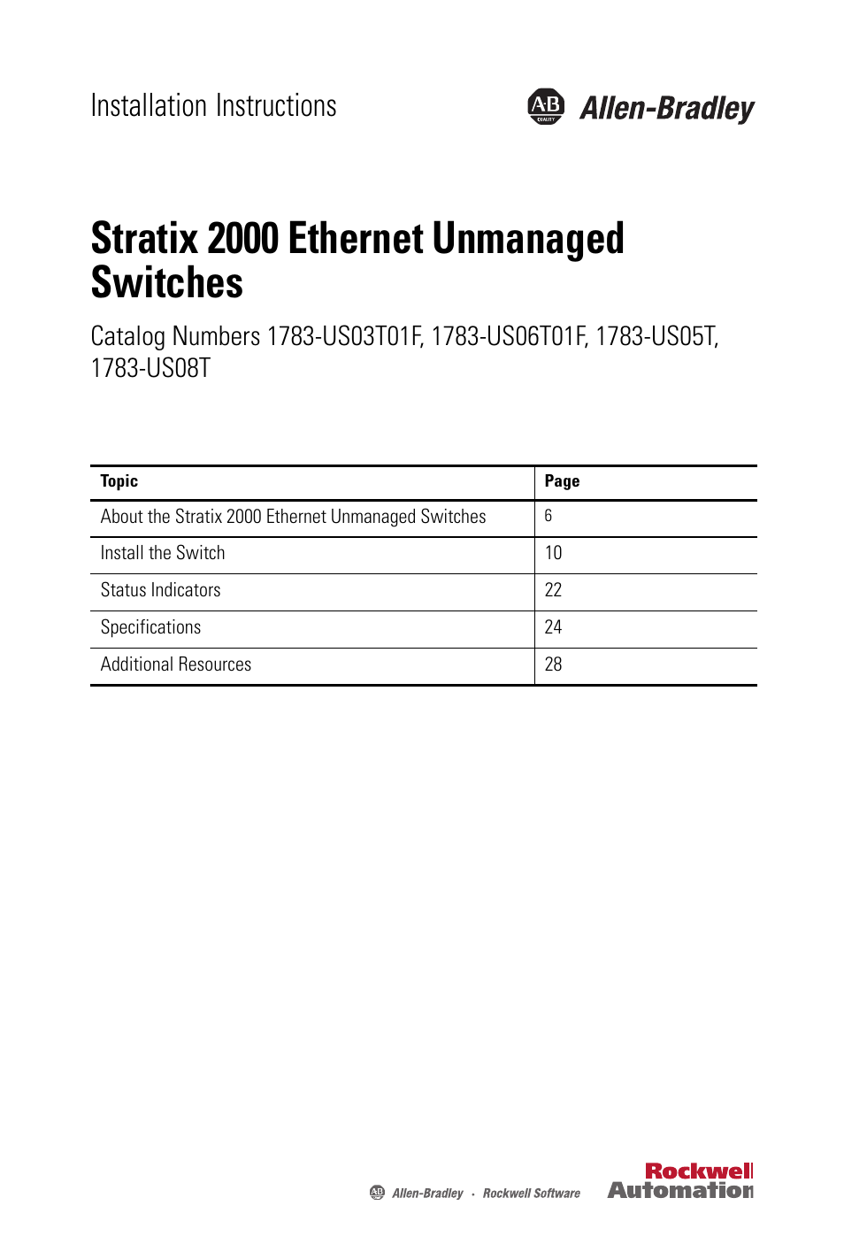 Rockwell Automation 1783-US08T Stratix 2000 Ethernet Unmanaged Switch Installation Instructions User Manual | 28 pages