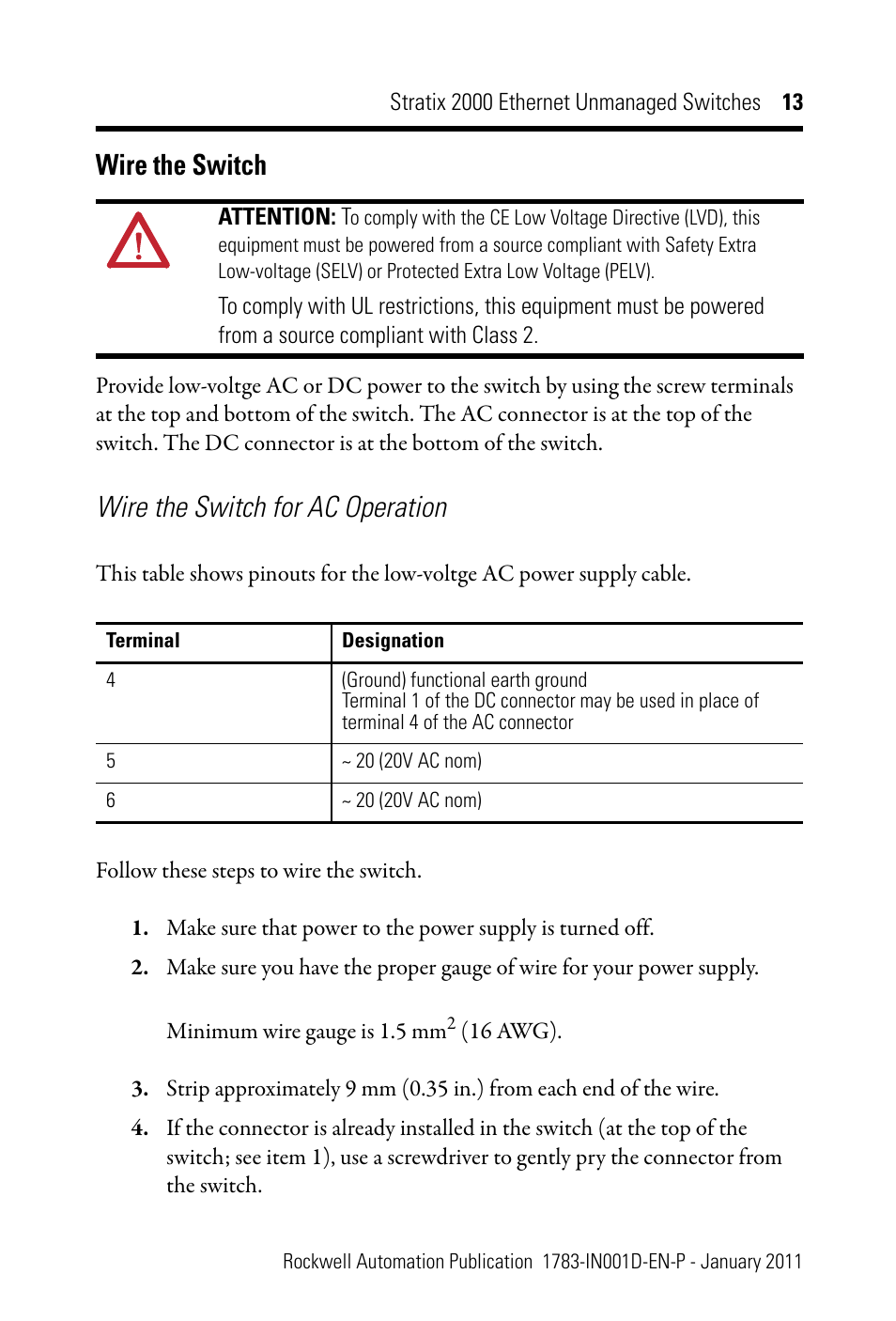 Wire the switch, Wire the switch for ac operation | Rockwell Automation 1783-US08T Stratix 2000 Ethernet Unmanaged Switch Installation Instructions User Manual | Page 13 / 28