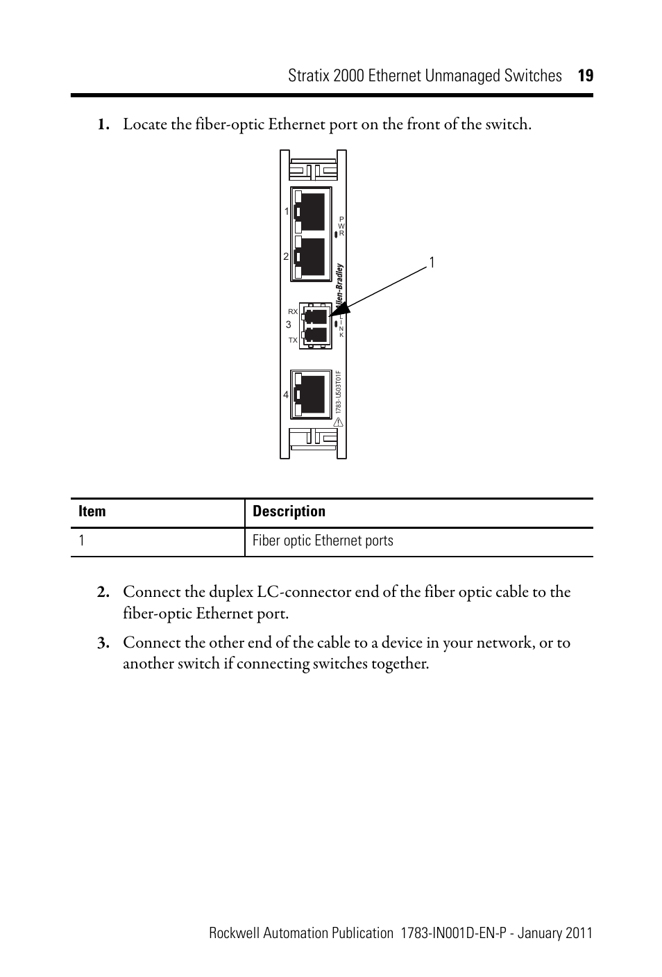 Item description 1 fiber optic ethernet ports | Rockwell Automation 1783-US08T Stratix 2000 Ethernet Unmanaged Switch Installation Instructions User Manual | Page 19 / 28