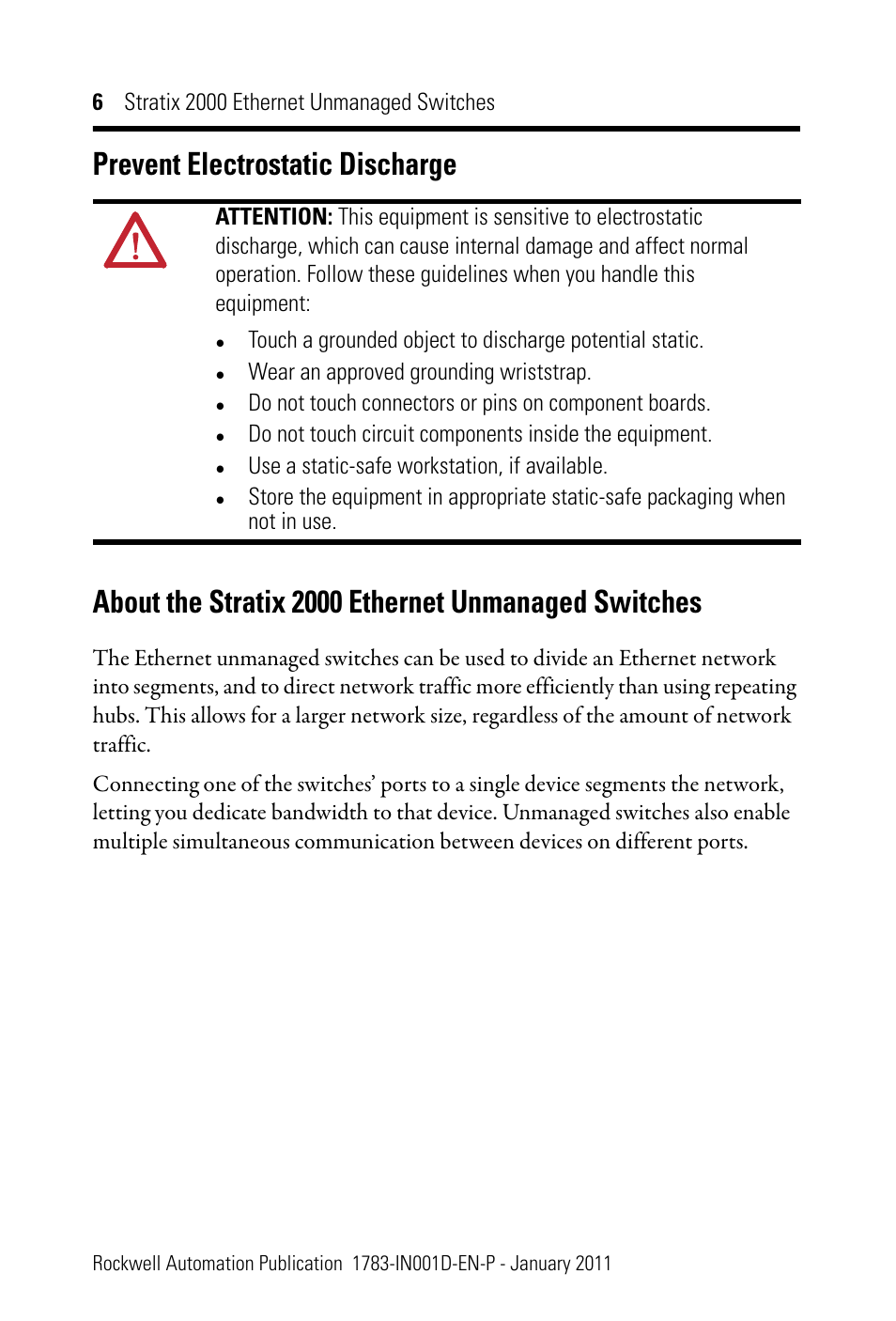 Prevent electrostatic discharge, About the stratix 2000 ethernet unmanaged switches | Rockwell Automation 1783-US08T Stratix 2000 Ethernet Unmanaged Switch Installation Instructions User Manual | Page 6 / 28