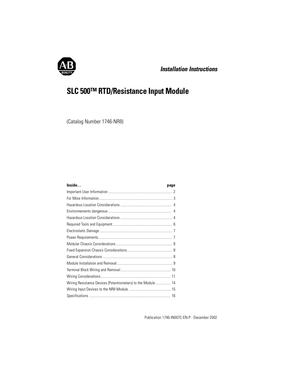 Rockwell Automation 1746-NR8 SLC 500 RTD/Resistance Input Module/ Instructions User Manual | 24 pages