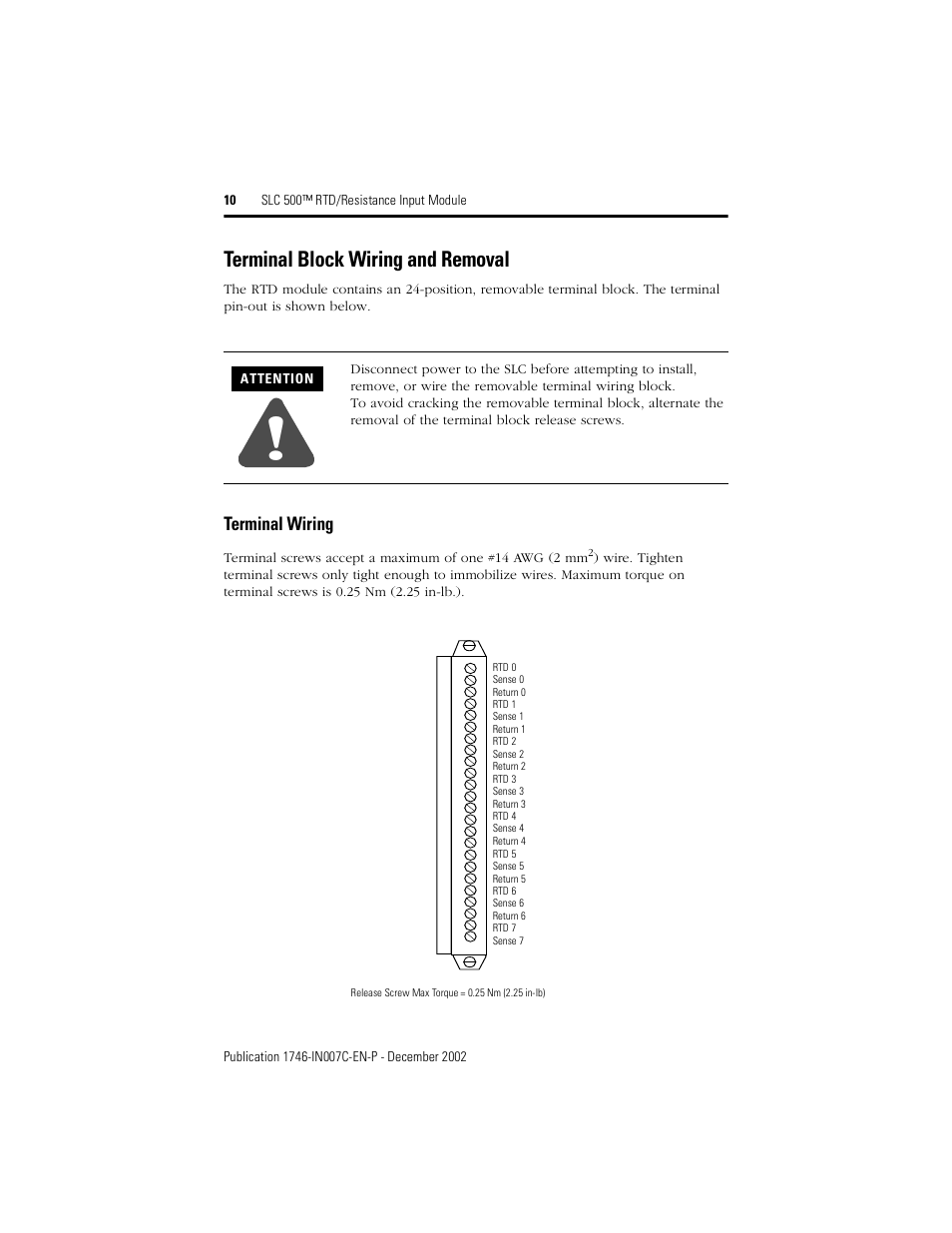 Terminal block wiring and removal | Rockwell Automation 1746-NR8 SLC 500 RTD/Resistance Input Module/ Instructions User Manual | Page 10 / 24