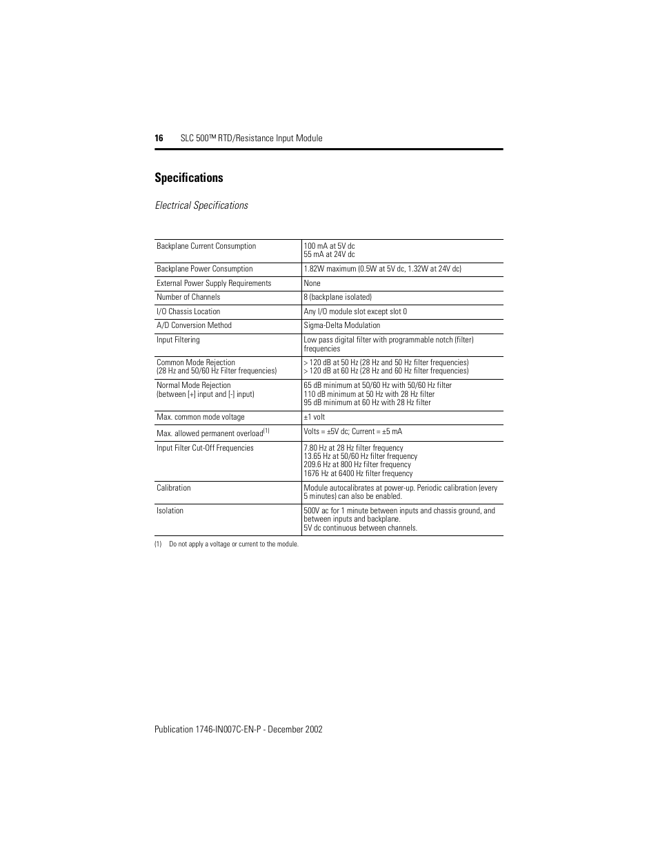 Specifications | Rockwell Automation 1746-NR8 SLC 500 RTD/Resistance Input Module/ Instructions User Manual | Page 16 / 24