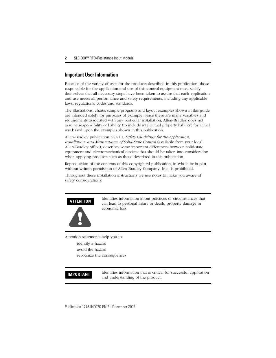 Important user information | Rockwell Automation 1746-NR8 SLC 500 RTD/Resistance Input Module/ Instructions User Manual | Page 2 / 24