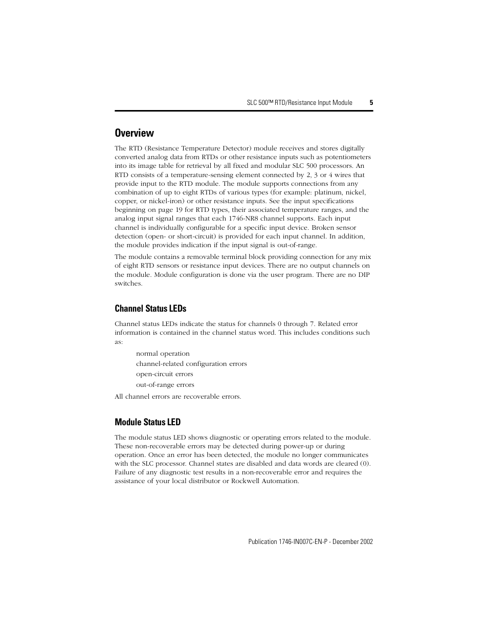 Overview, Channel status leds, Module status led | Rockwell Automation 1746-NR8 SLC 500 RTD/Resistance Input Module/ Instructions User Manual | Page 5 / 24