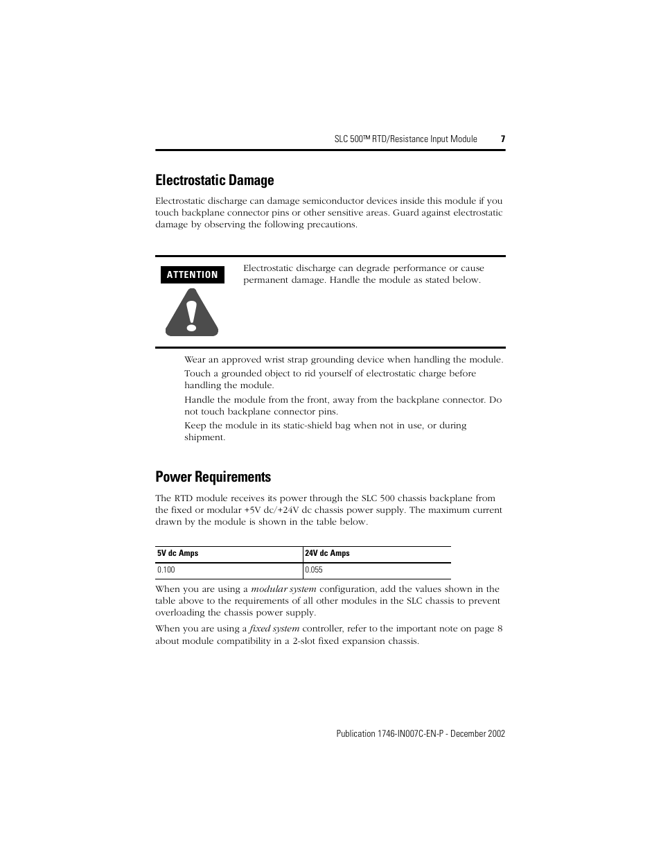 Electrostatic damage, Power requirements | Rockwell Automation 1746-NR8 SLC 500 RTD/Resistance Input Module/ Instructions User Manual | Page 7 / 24