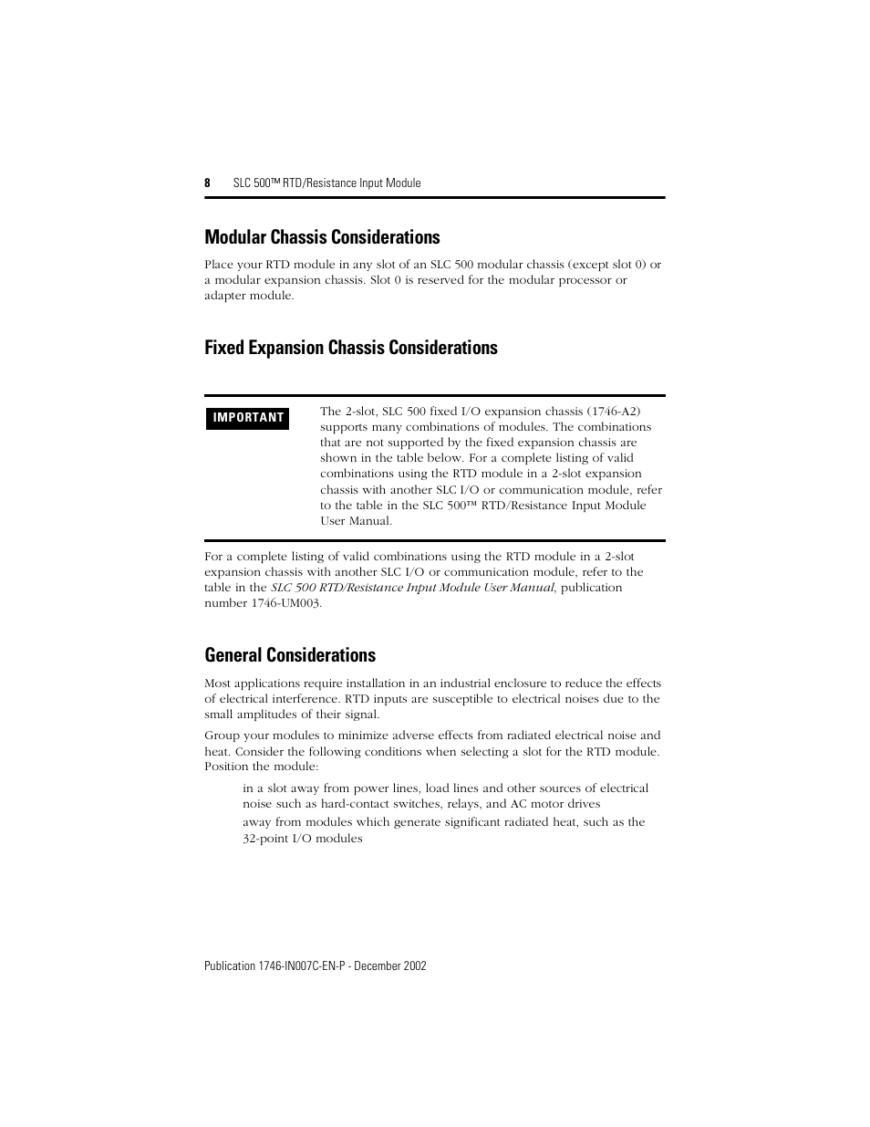 Modular chassis considerations, Fixed expansion chassis considerations, General considerations | Rockwell Automation 1746-NR8 SLC 500 RTD/Resistance Input Module/ Instructions User Manual | Page 8 / 24