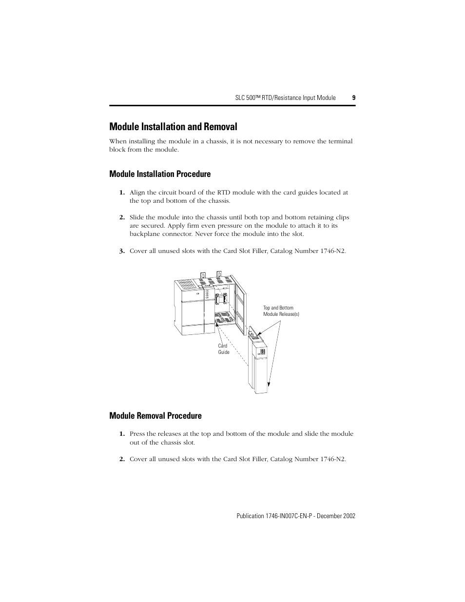 Module installation and removal, Module installation procedure, Module removal procedure | Rockwell Automation 1746-NR8 SLC 500 RTD/Resistance Input Module/ Instructions User Manual | Page 9 / 24