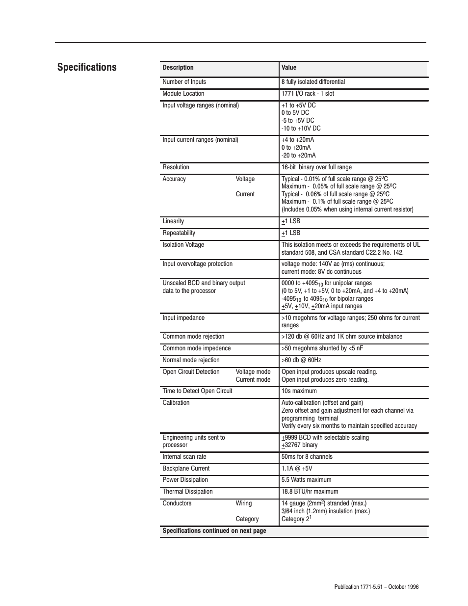 Specifications | Rockwell Automation 1771-IL INSTL.INSTR.ISOL ANALOG INPUT User Manual | Page 13 / 16