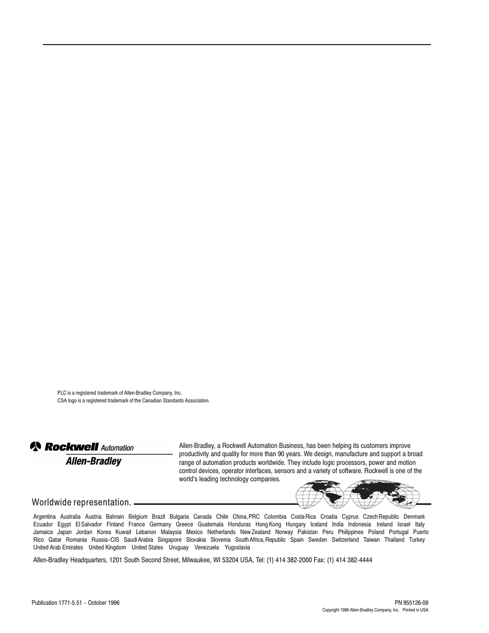 Worldwide representation | Rockwell Automation 1771-IL INSTL.INSTR.ISOL ANALOG INPUT User Manual | Page 16 / 16
